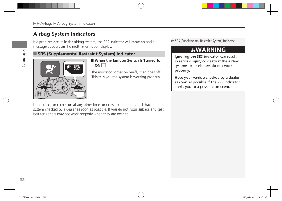 Warning, Airbag system indicators | HONDA 2011 CR-Z User Manual | Page 53 / 332
