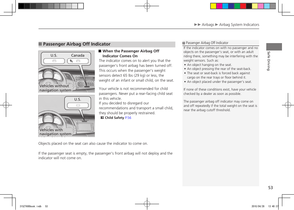 2011 cr-z, Passenger airbag off indicator | HONDA 2011 CR-Z User Manual | Page 54 / 332