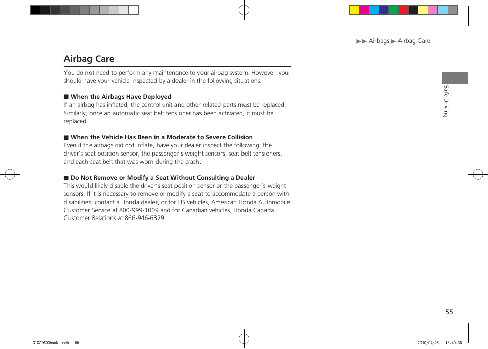 Airbag care, 2011 cr-z | HONDA 2011 CR-Z User Manual | Page 56 / 332