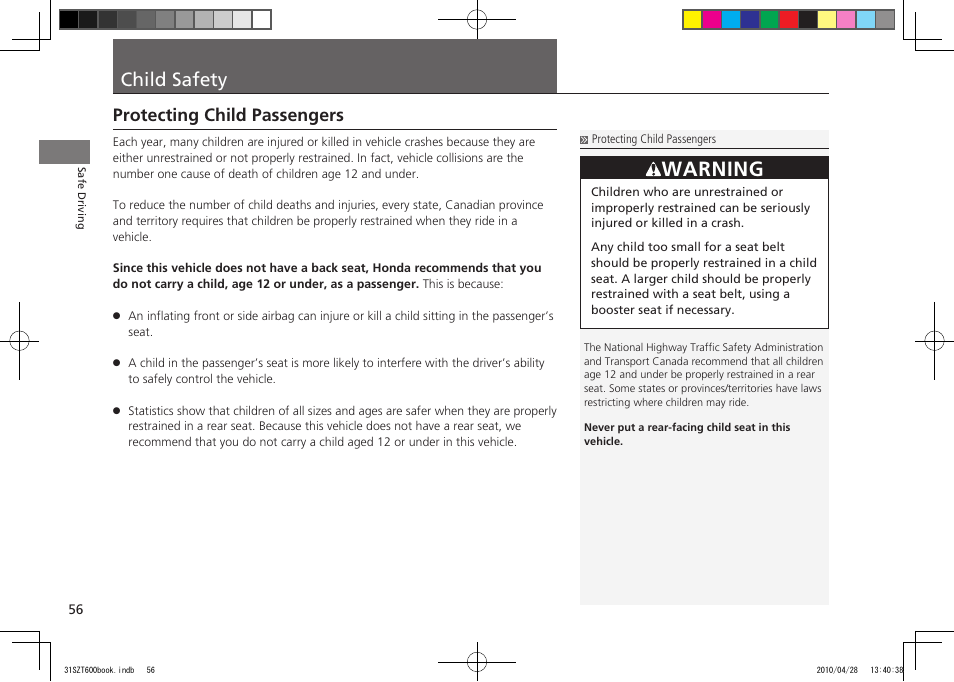 P.56, Child safety, Warning | Protecting child passengers, 2011 cr-z | HONDA 2011 CR-Z User Manual | Page 57 / 332