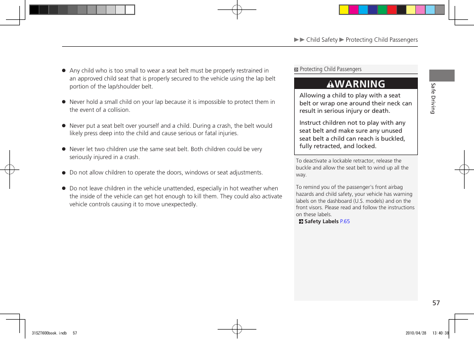 Warning, 2011 cr-z | HONDA 2011 CR-Z User Manual | Page 58 / 332