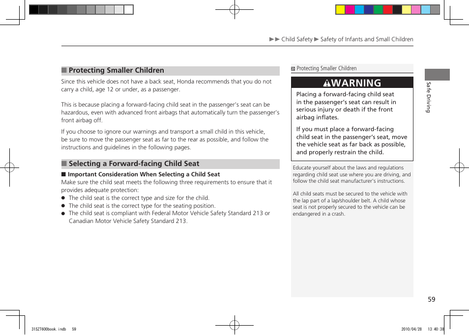 Warning, 2011 cr-z | HONDA 2011 CR-Z User Manual | Page 60 / 332