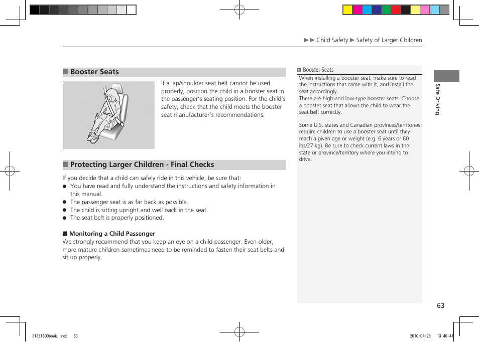 2011 cr-z, Booster seats, Protecting larger children - final checks | HONDA 2011 CR-Z User Manual | Page 64 / 332