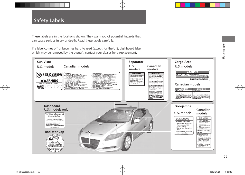 P. 65, Safety labels, 2011 cr-z | HONDA 2011 CR-Z User Manual | Page 66 / 332