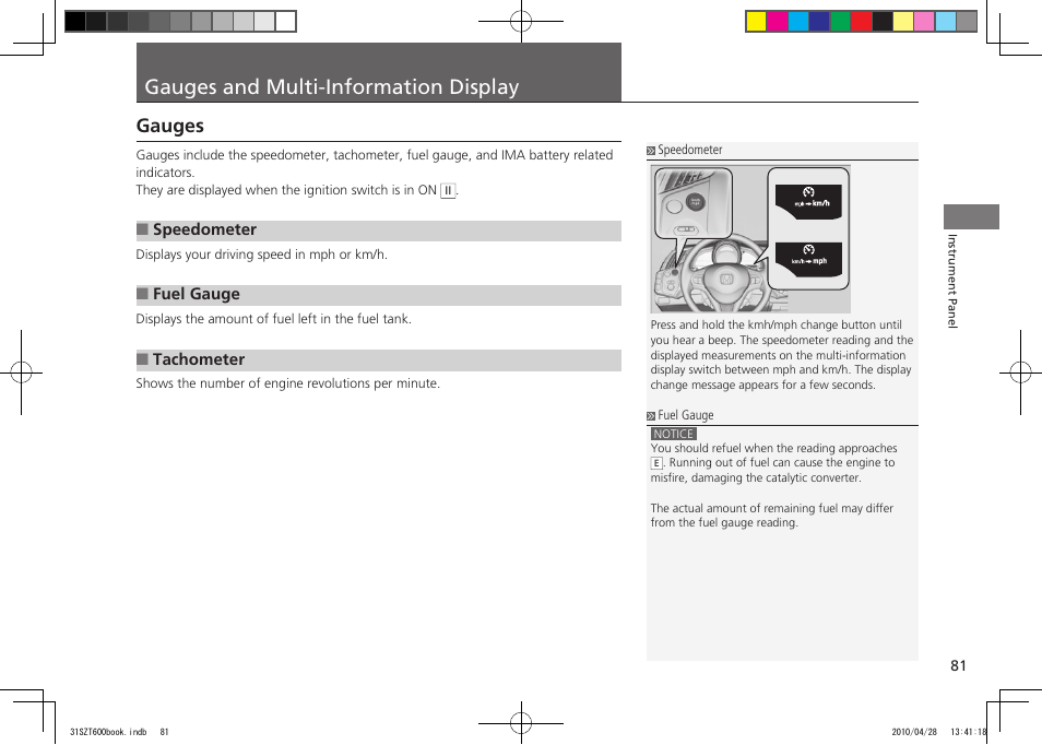 P.81, Gauges and multi-information display, Gauges | 2011 cr-z | HONDA 2011 CR-Z User Manual | Page 82 / 332