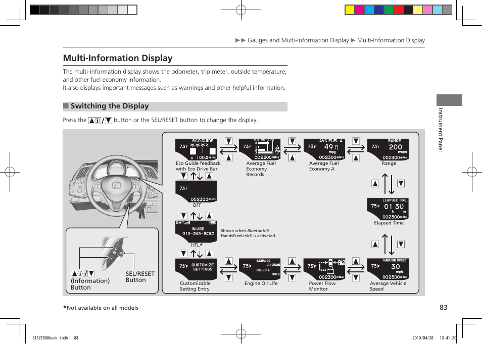 P.83, Multi-information display, 2011 cr-z | Switching the display | HONDA 2011 CR-Z User Manual | Page 84 / 332