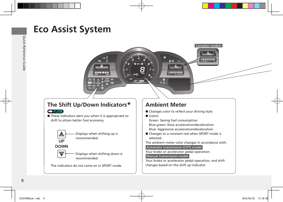 Eco assist system, The shift up/down indicators, Ambient meter | Drive cycle score/lifetime points, Real time score (represents your current trip), Eco guide feedback with eco drive bar, 2011 cr-z | HONDA 2011 CR-Z User Manual | Page 9 / 332