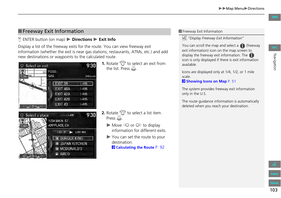 Freeway exit information | HONDA 2013 Accord Navigation User Manual | Page 104 / 152