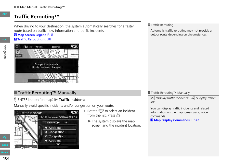 P104), 2 traffic rerouting™ p. 104, 2 traffic rerouting | P. 104, Traffic rerouting, Traffic rerouting™ manually | HONDA 2013 Accord Navigation User Manual | Page 105 / 152