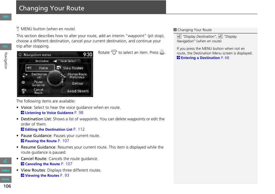 Changing your route, 2 changing your route p. 106, 2 changing your route | P. 106 | HONDA 2013 Accord Navigation User Manual | Page 107 / 152
