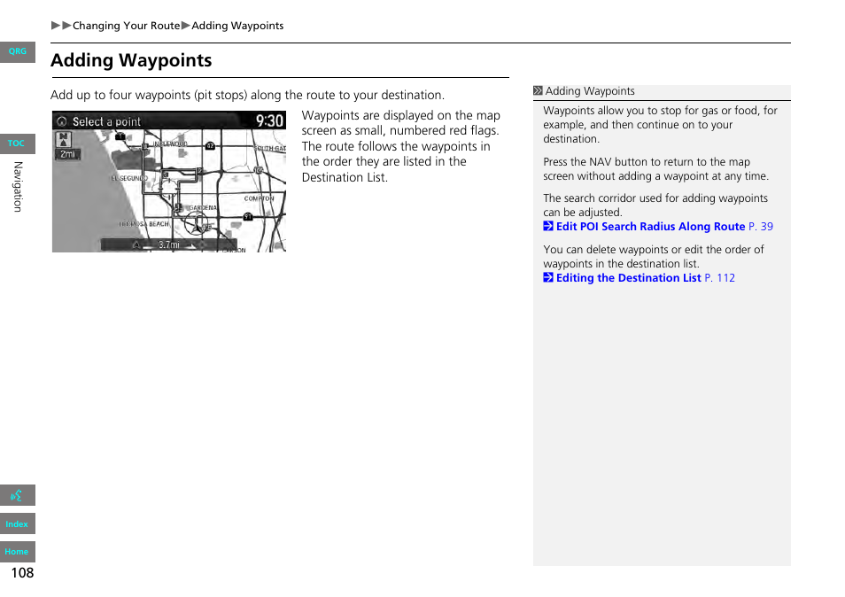 P108), Route, Adding waypoints | HONDA 2013 Accord Navigation User Manual | Page 109 / 152