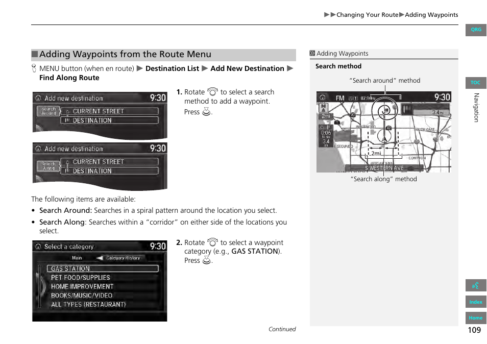 Adding waypoints from the route menu | HONDA 2013 Accord Navigation User Manual | Page 110 / 152