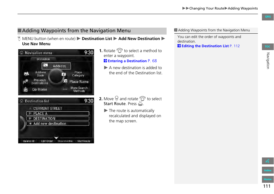 Adding waypoints from the navigation menu | HONDA 2013 Accord Navigation User Manual | Page 112 / 152