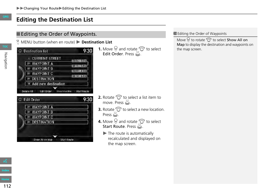 2 editing the destination list, P. 112, Editing the destination list | Editing the order of waypoints | HONDA 2013 Accord Navigation User Manual | Page 113 / 152