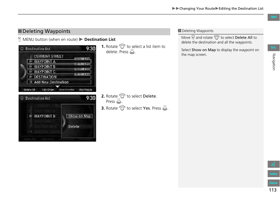 Deleting waypoints | HONDA 2013 Accord Navigation User Manual | Page 114 / 152