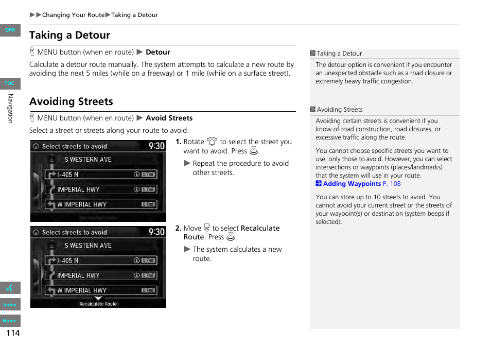 P114), 2 avoiding streets p. 114, 2 taking a detour | P. 114, 2 avoiding streets, Taking a detour, Avoiding streets | HONDA 2013 Accord Navigation User Manual | Page 115 / 152