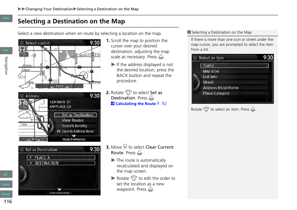 P116), Selecting a destination on the map | HONDA 2013 Accord Navigation User Manual | Page 117 / 152