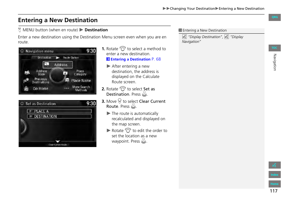 P117), Entering a new destination | HONDA 2013 Accord Navigation User Manual | Page 118 / 152