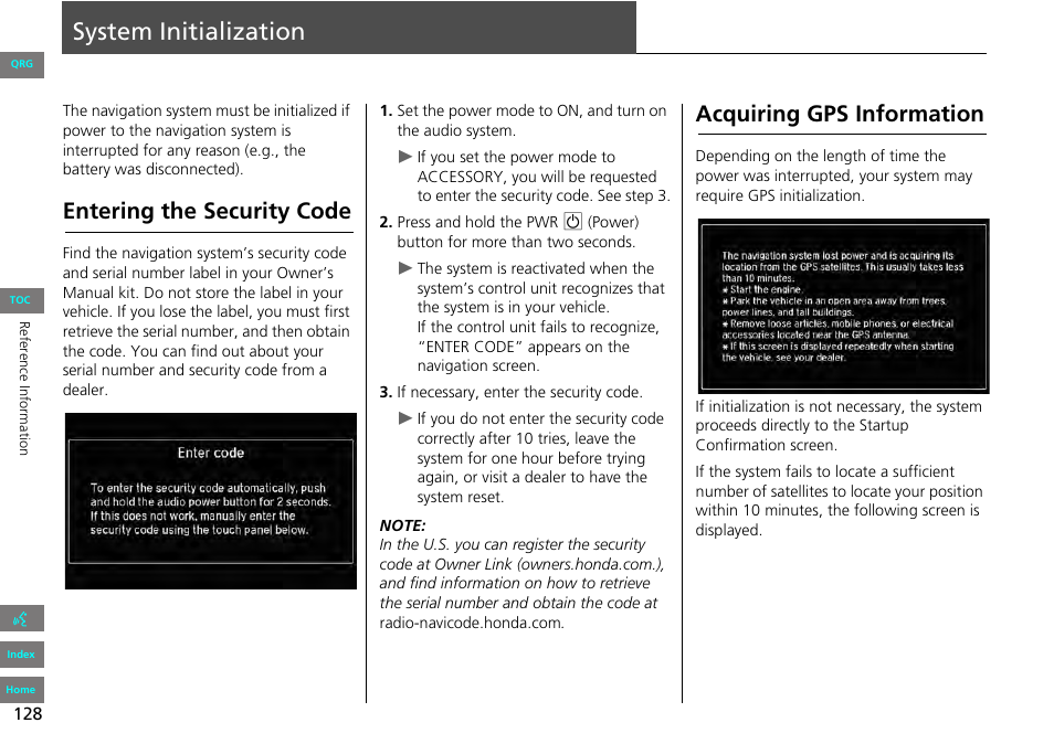 System initialization, P. 128, System | Initialization, Entering the security code, Acquiring gps information | HONDA 2013 Accord Navigation User Manual | Page 129 / 152