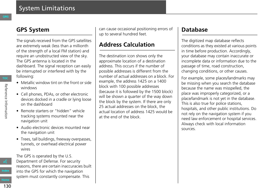2 gps system, P. 130, System | Limitations, System limitations, Gps system, Address calculation, Database | HONDA 2013 Accord Navigation User Manual | Page 131 / 152