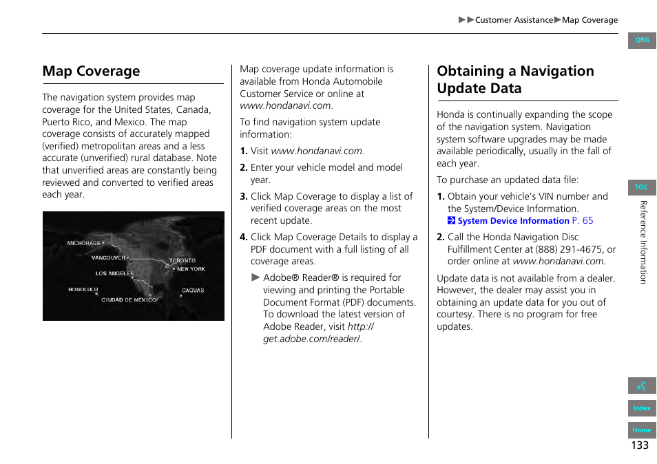 2 map coverage, P. 133, H year | 2 obtaining a navigation update data, Map coverage, Obtaining a navigation update data | HONDA 2013 Accord Navigation User Manual | Page 134 / 152