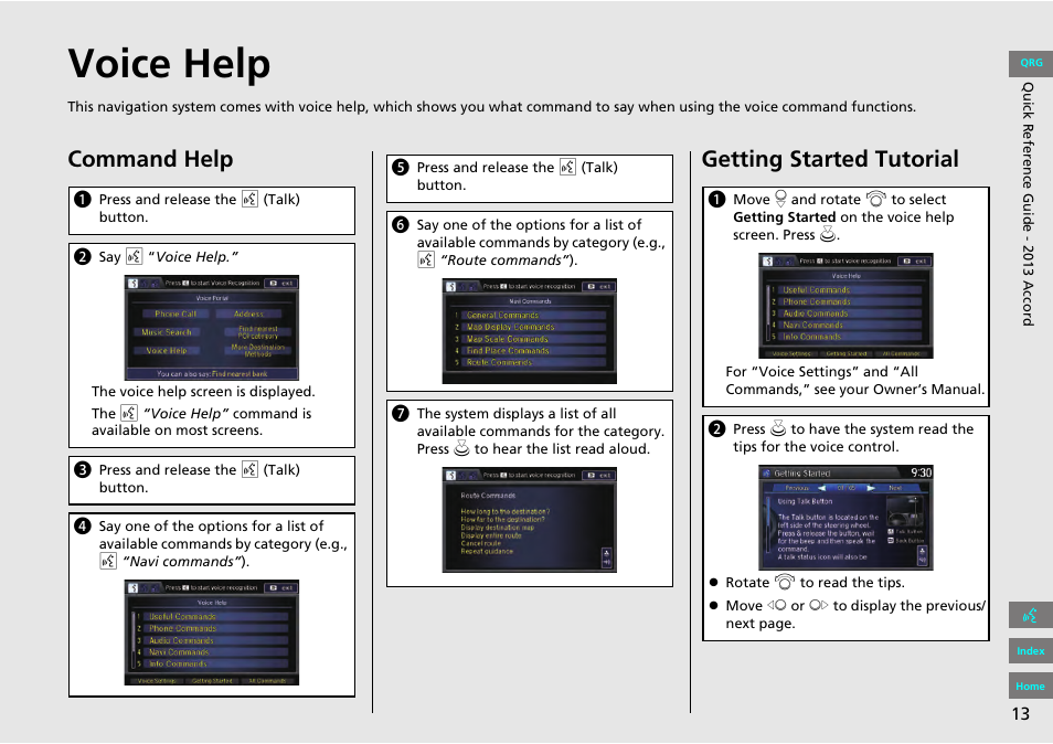 P13), Voice help, Command help | Getting started tutorial | HONDA 2013 Accord Navigation User Manual | Page 14 / 152