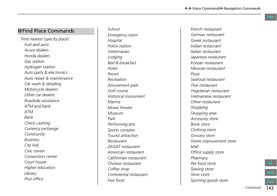 Find place commands | HONDA 2013 Accord Navigation User Manual | Page 144 / 152