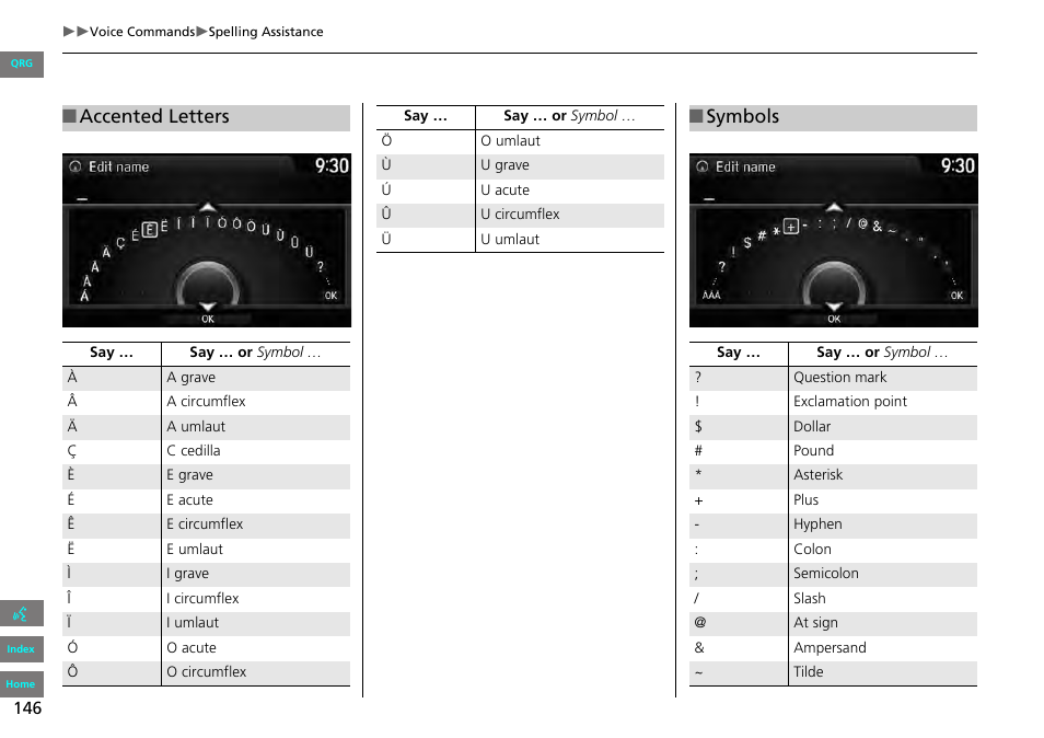 Accented letters, Symbols | HONDA 2013 Accord Navigation User Manual | Page 147 / 152