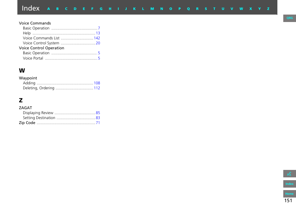 Index | HONDA 2013 Accord Navigation User Manual | Page 152 / 152