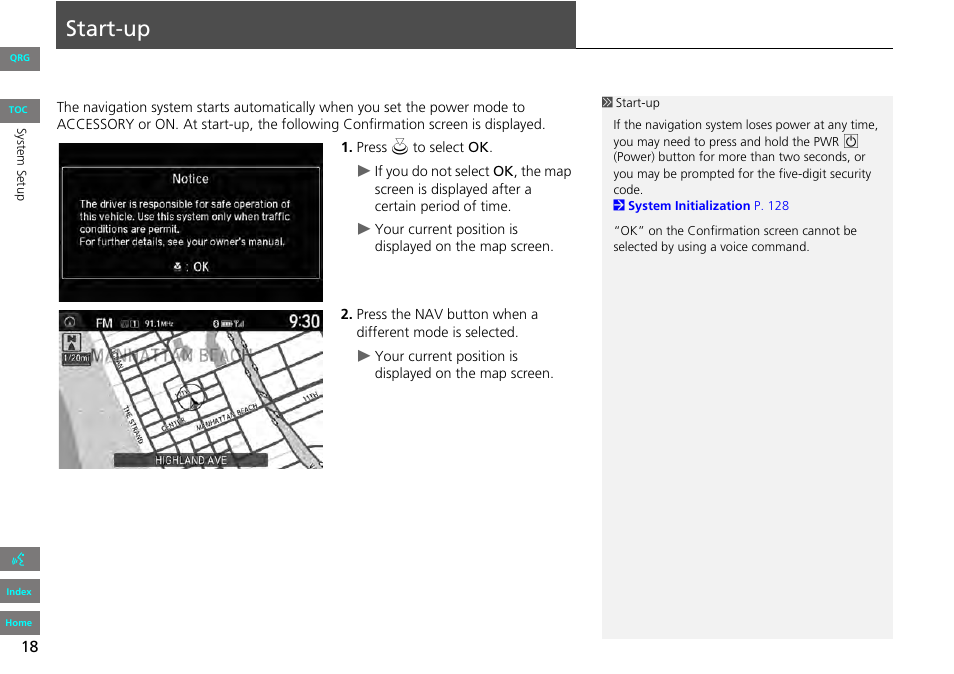 P18), Start-up | HONDA 2013 Accord Navigation User Manual | Page 19 / 152