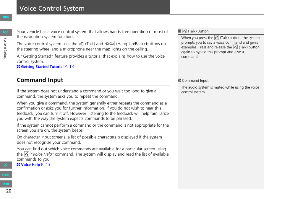 P20), Voice, Control | System, Voice control system, Command input | HONDA 2013 Accord Navigation User Manual | Page 21 / 152
