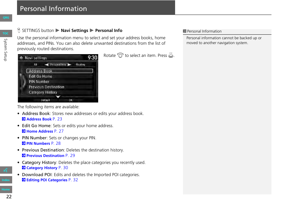 Personal, Information, Personal information | HONDA 2013 Accord Navigation User Manual | Page 23 / 152