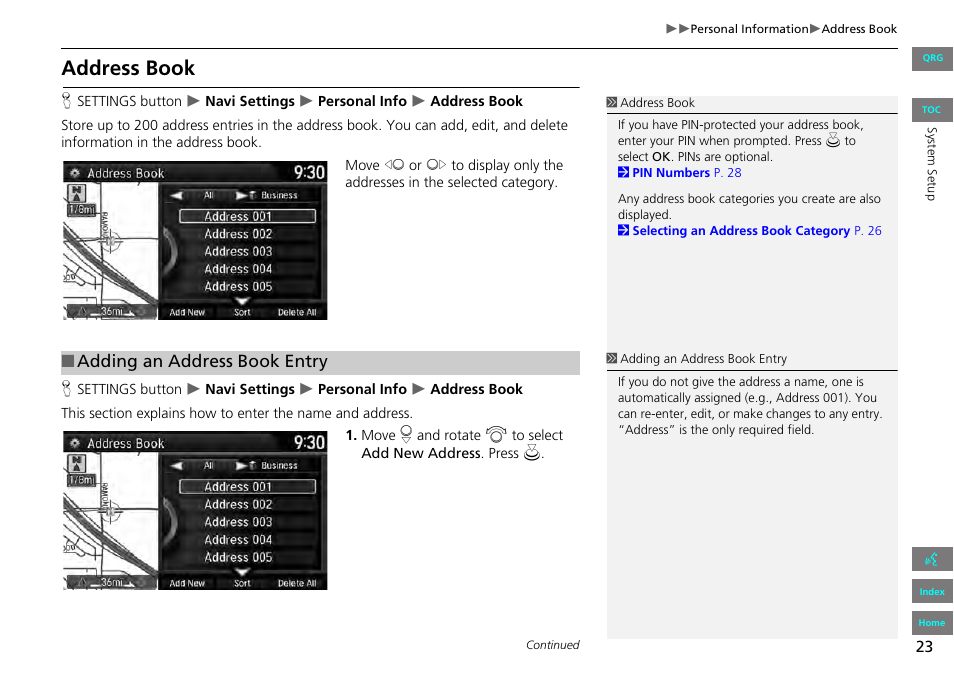 P23), 2 address book, P. 23 | Address book, Adding an address book entry | HONDA 2013 Accord Navigation User Manual | Page 24 / 152