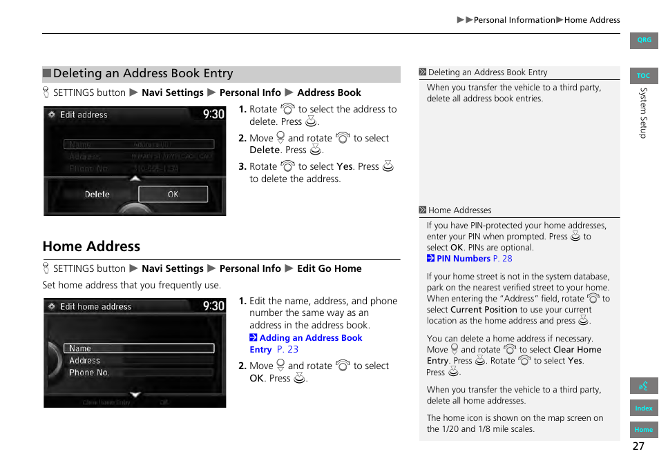 P27), 2 home address, P. 27 | Home address, Deleting an address book entry | HONDA 2013 Accord Navigation User Manual | Page 28 / 152