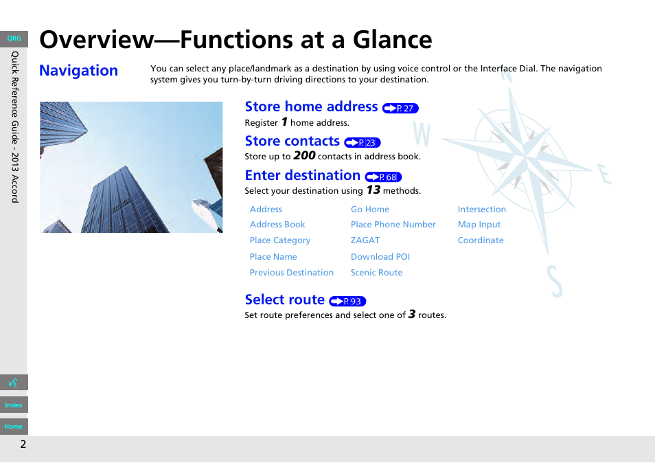 Overview—functions at a glance, Navigation, Store home address | Store contacts, Enter destination, Select route | HONDA 2013 Accord Navigation User Manual | Page 3 / 152