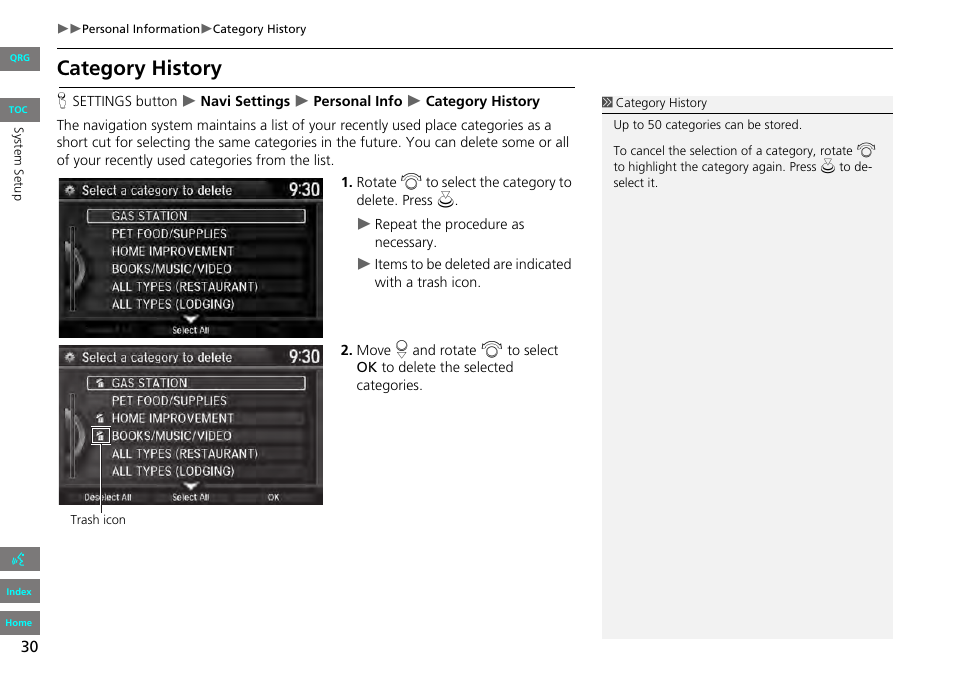 2 category history, P. 30, Category history | HONDA 2013 Accord Navigation User Manual | Page 31 / 152