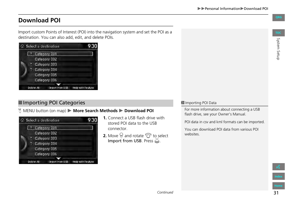 Download poi, Importing poi categories | HONDA 2013 Accord Navigation User Manual | Page 32 / 152