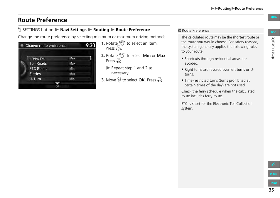 2 route preference, P. 35, Route preference | HONDA 2013 Accord Navigation User Manual | Page 36 / 152