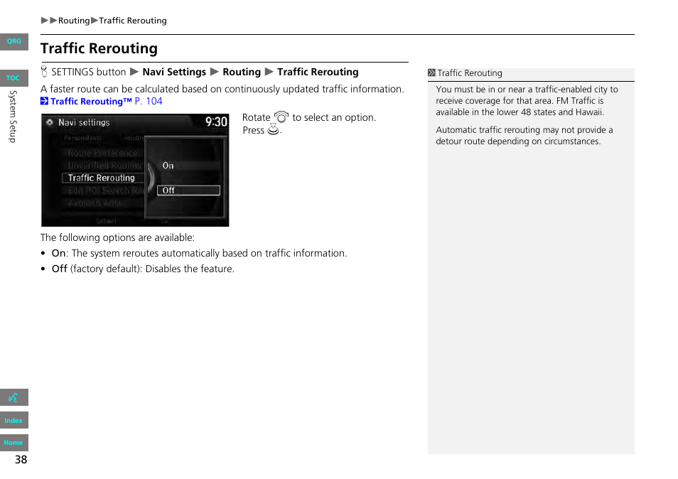2 traffic rerouting, P. 38, Traffic rerouting | HONDA 2013 Accord Navigation User Manual | Page 39 / 152