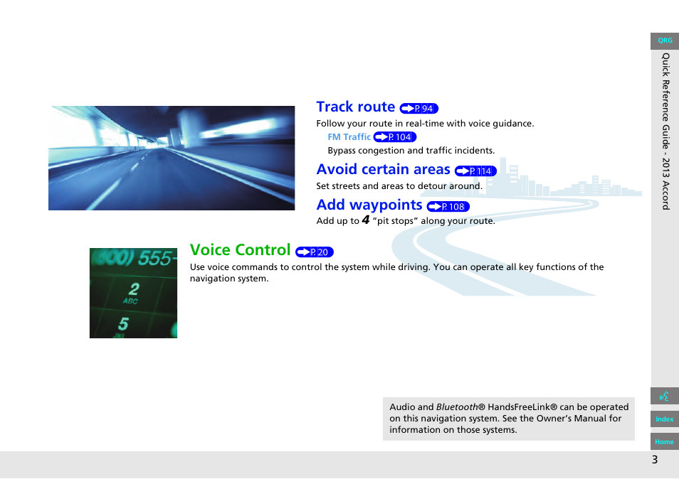 Voice control, Track route, Avoid certain areas | Add waypoints | HONDA 2013 Accord Navigation User Manual | Page 4 / 152