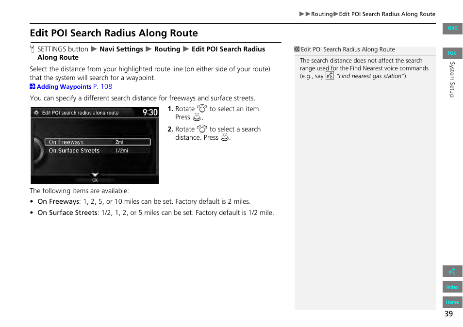2 edit poi search radius along route, P. 39, Edit poi search radius along route | HONDA 2013 Accord Navigation User Manual | Page 40 / 152