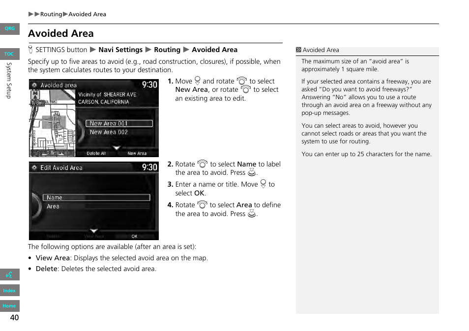 2 avoided area, P. 40, Avoided area | HONDA 2013 Accord Navigation User Manual | Page 41 / 152
