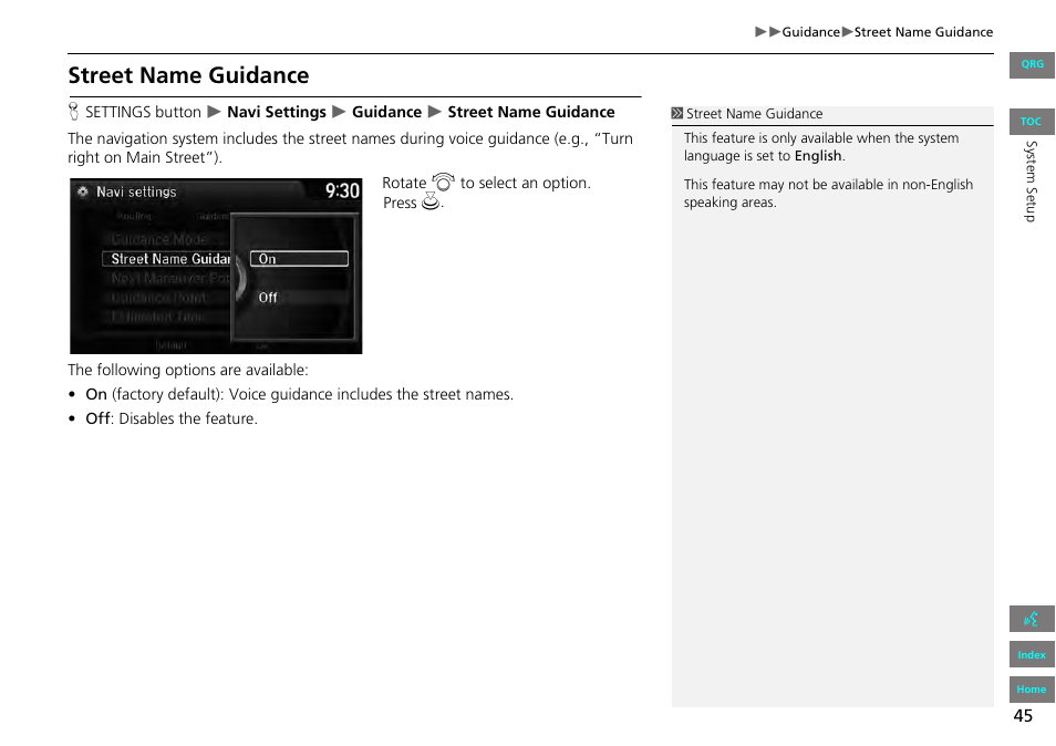 2 street name guidance, P. 45, Street name guidance | HONDA 2013 Accord Navigation User Manual | Page 46 / 152