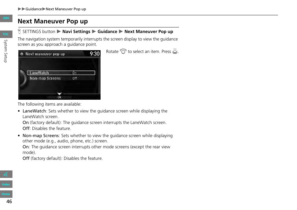 2 next maneuver pop up, P. 46, Next maneuver pop up | HONDA 2013 Accord Navigation User Manual | Page 47 / 152