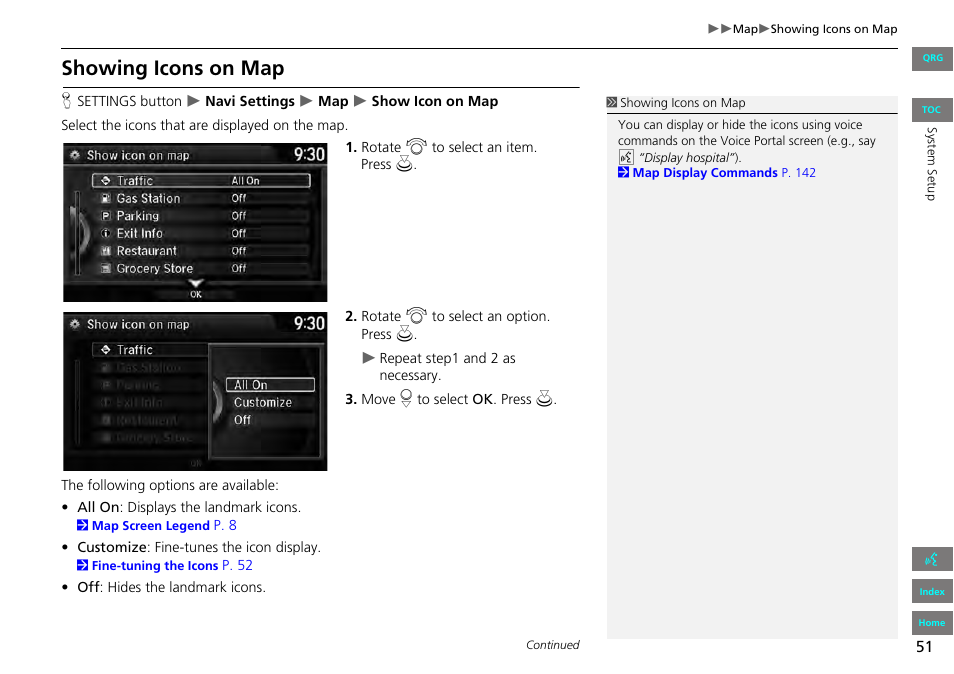 P51), 2 showing icons on map, P. 51 | Showing icons on map | HONDA 2013 Accord Navigation User Manual | Page 52 / 152