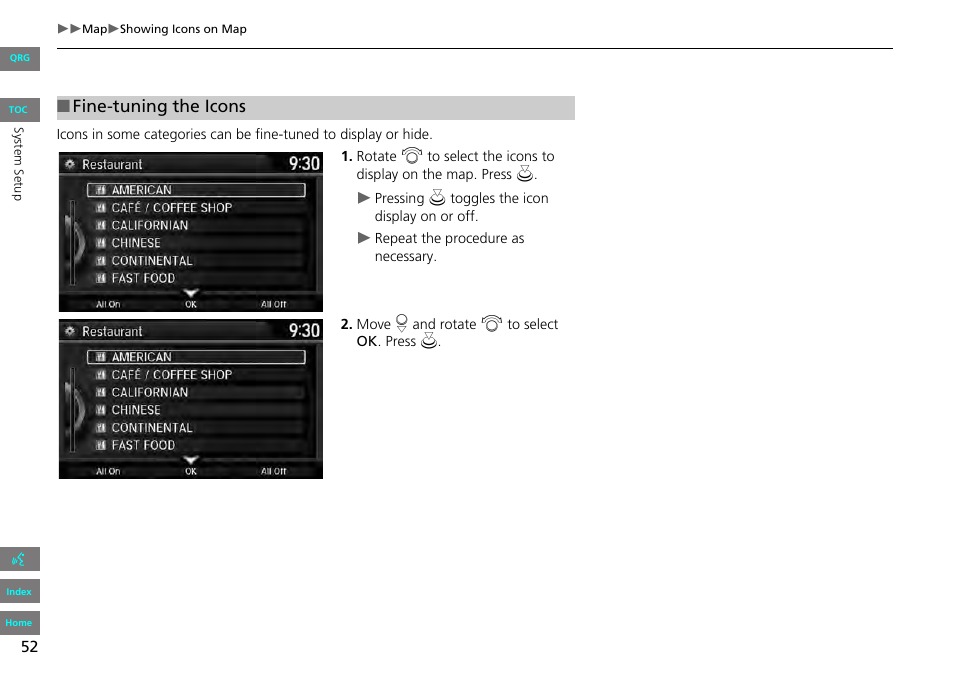 2 fine-tuning the icons, P. 52, Fine-tuning the icons | HONDA 2013 Accord Navigation User Manual | Page 53 / 152