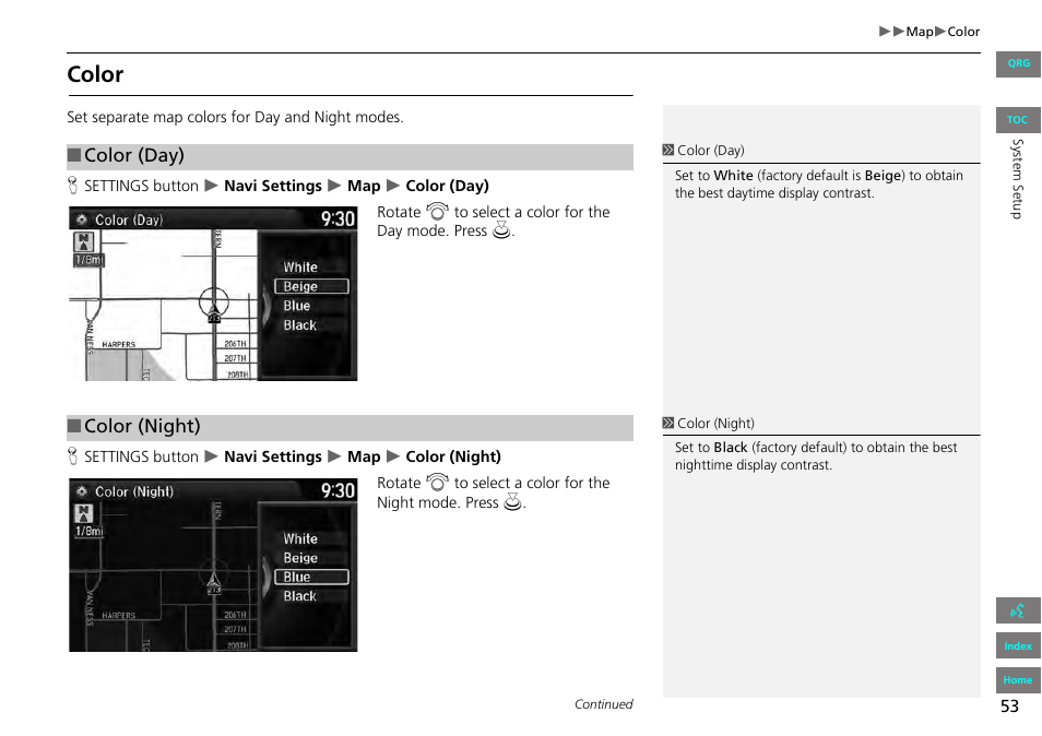 2 color, P. 53, Color | Color (day), Color (night) | HONDA 2013 Accord Navigation User Manual | Page 54 / 152