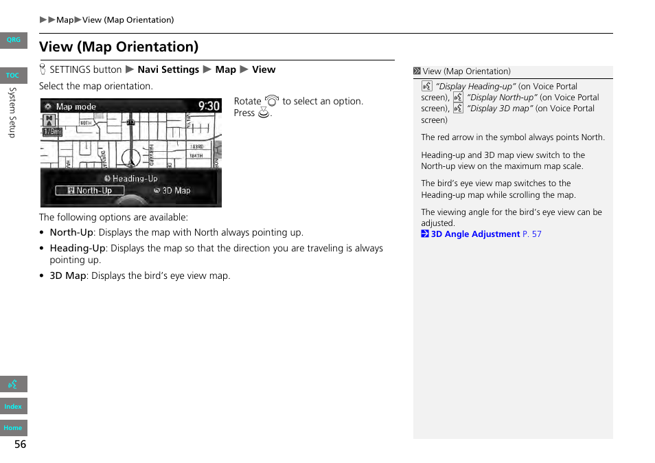 P56), 2 view (map orientation), P. 56 | View (map orientation) | HONDA 2013 Accord Navigation User Manual | Page 57 / 152