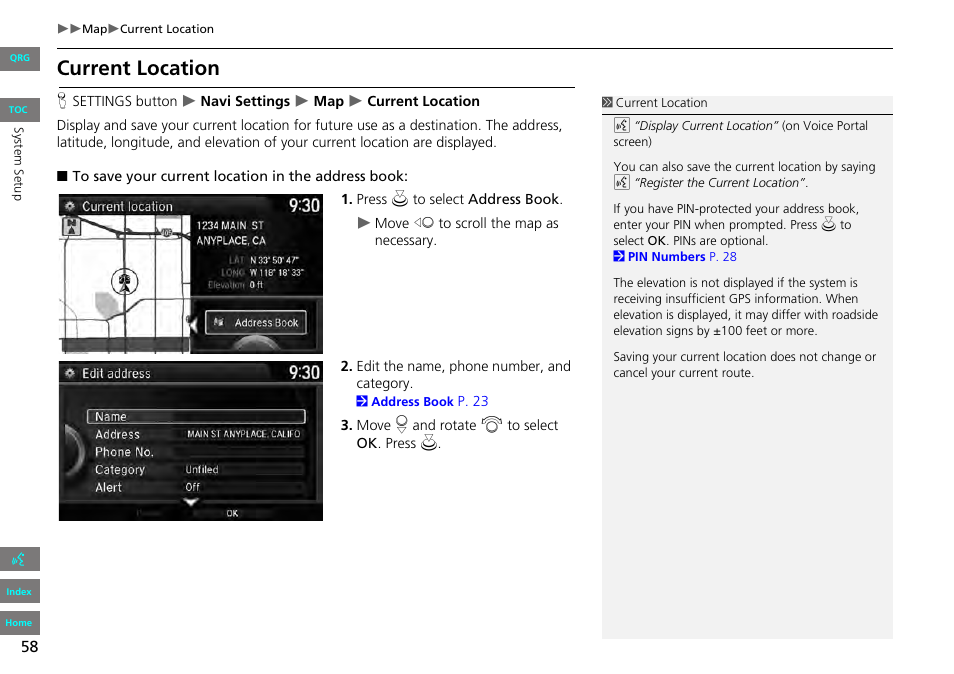 P58), 2 current location, P. 58 | Current location | HONDA 2013 Accord Navigation User Manual | Page 59 / 152
