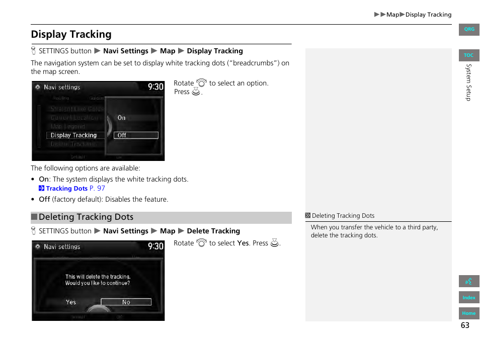 2 display tracking, P. 63, 2 deleting tracking dots | Display tracking, Deleting tracking dots | HONDA 2013 Accord Navigation User Manual | Page 64 / 152